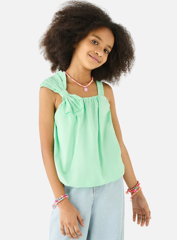 Juniors Solid Sleeveless Top with Bow Applique and Square Neck