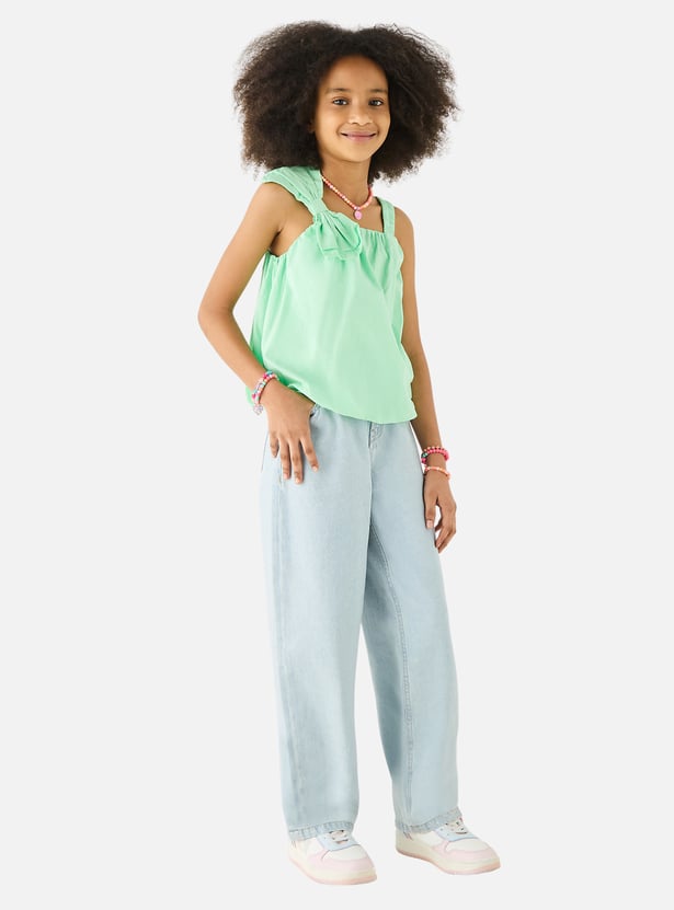 Juniors Solid Sleeveless Top with Bow Applique and Square Neck