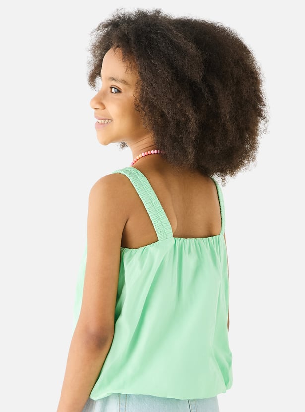 Juniors Solid Sleeveless Top with Bow Applique and Square Neck