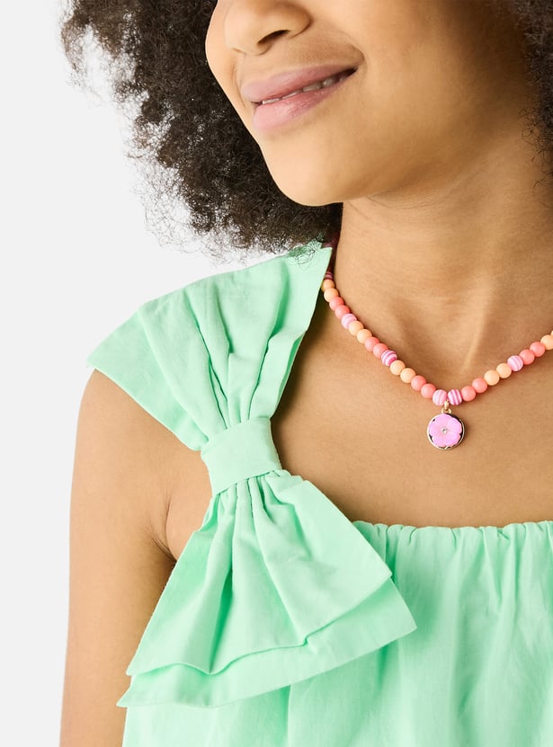 Juniors Solid Sleeveless Top with Bow Applique and Square Neck