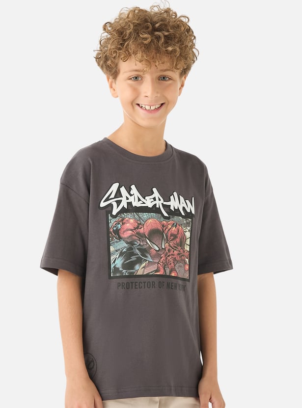 Spider-Man Print Crew Neck T-shirt with Short Sleeves