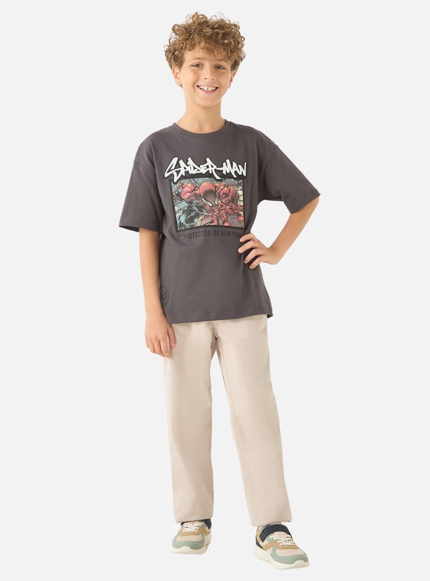 Spider-Man Print Crew Neck T-shirt with Short Sleeves