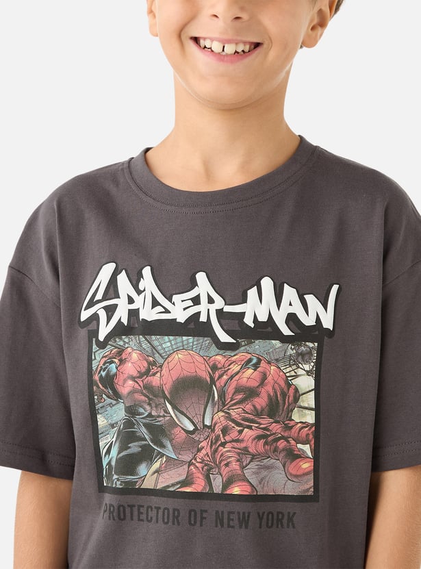 Spider-Man Print Crew Neck T-shirt with Short Sleeves