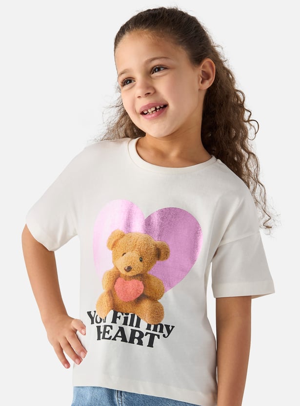 Juniors Bear Print T-shirt with Round Neck and Short Sleeves