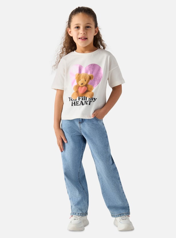 Juniors Bear Print T-shirt with Round Neck and Short Sleeves