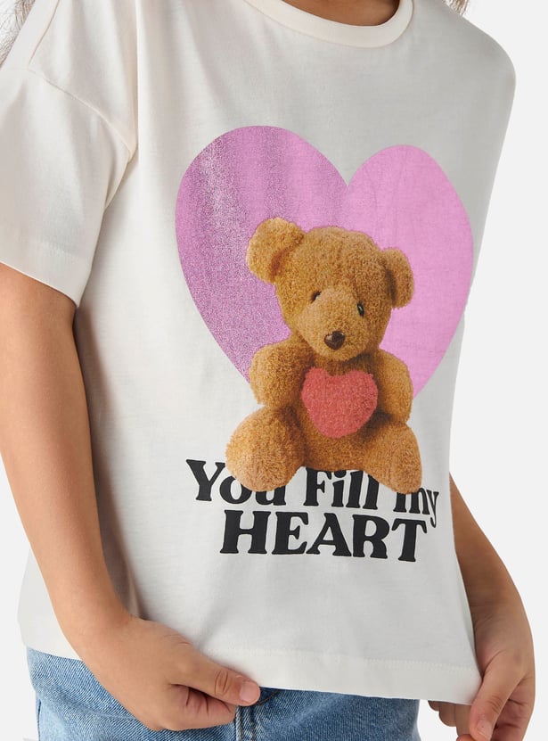 Juniors Bear Print T-shirt with Round Neck and Short Sleeves