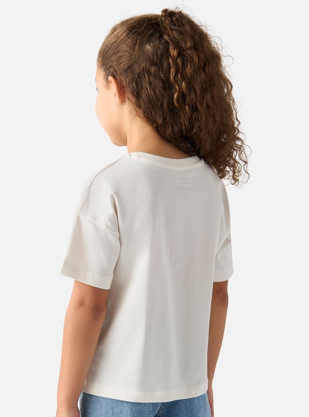 Juniors Bear Print T-shirt with Round Neck and Short Sleeves