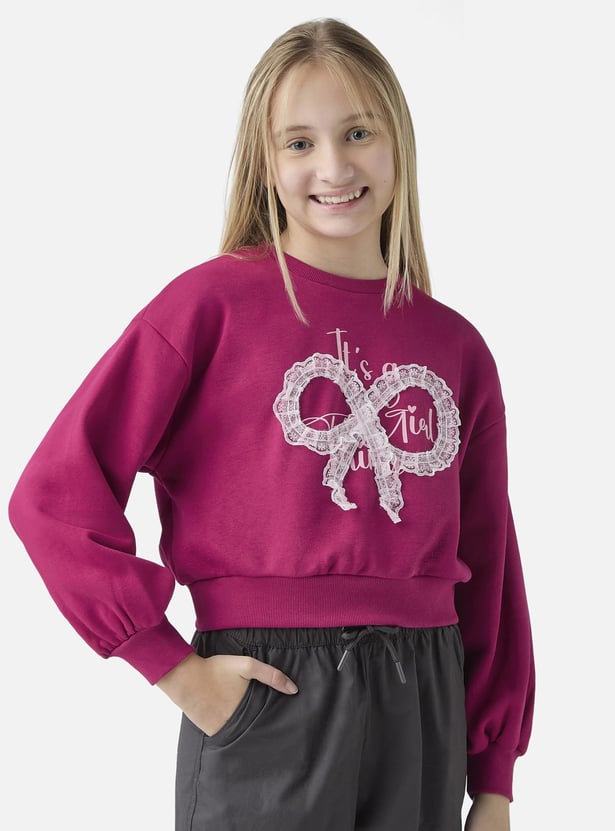 Juniors Lace Applique Sweatshirt with Long Sleeves