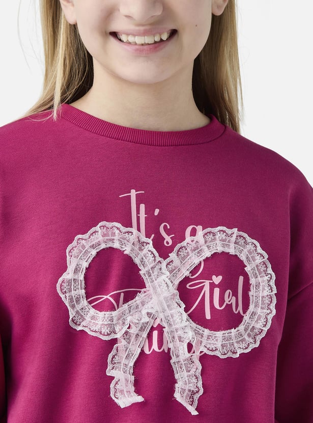 Juniors Lace Applique Sweatshirt with Long Sleeves