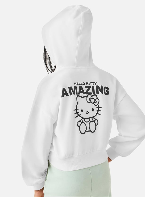 Hello Kitty Print Zip Through Hoodie with Pockets and Long