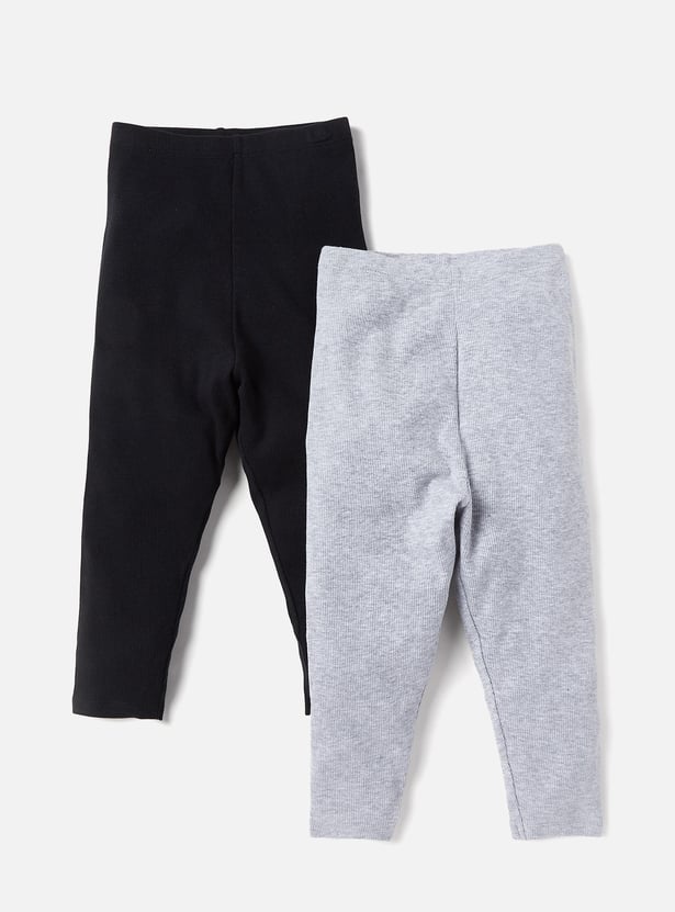 Juniors Solid Leggings with Elasticated Waist - Pack of 2