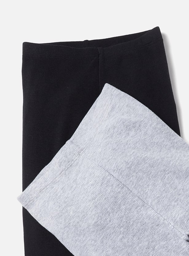 Juniors Solid Leggings with Elasticated Waist - Pack of 2