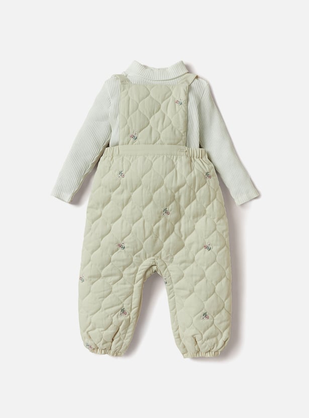 Giggles Ribbed Top and Floral Embroidered Pinafore Set