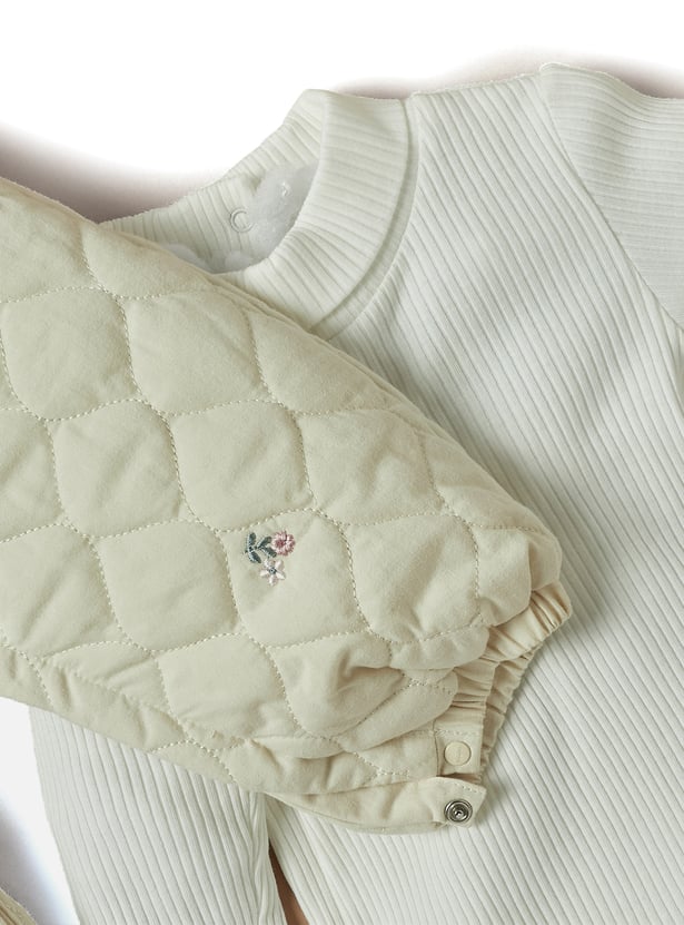 Giggles Ribbed Top and Floral Embroidered Pinafore Set