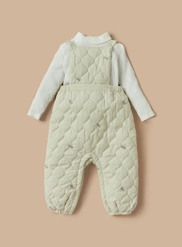 Giggles Ribbed Top and Floral Embroidered Pinafore Set