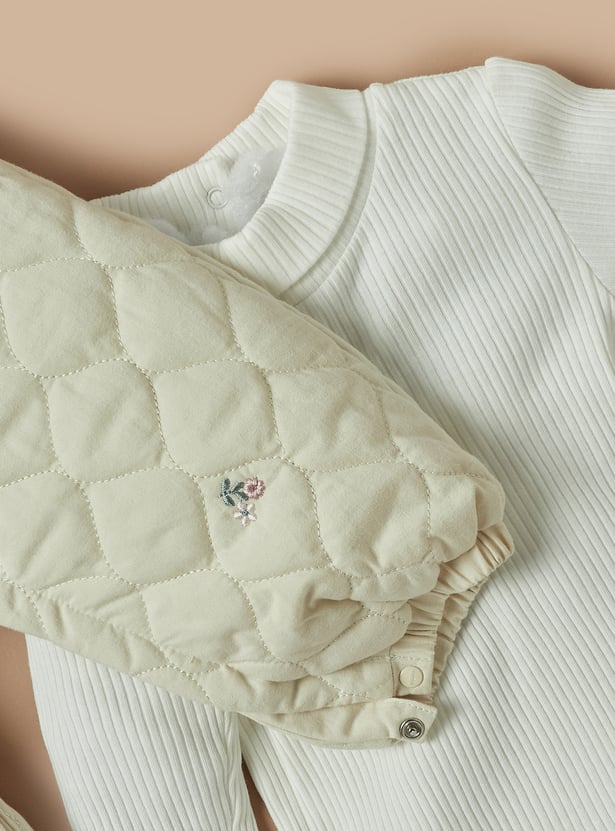 Giggles Ribbed Top and Floral Embroidered Pinafore Set