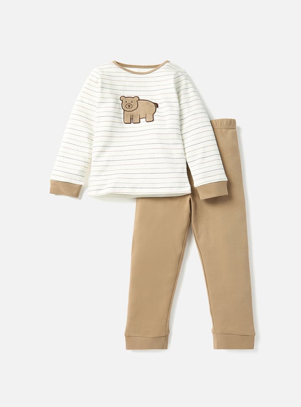 Juniors Bear Applique Long Sleeves T-shirt and Elasticated Pyjama Set