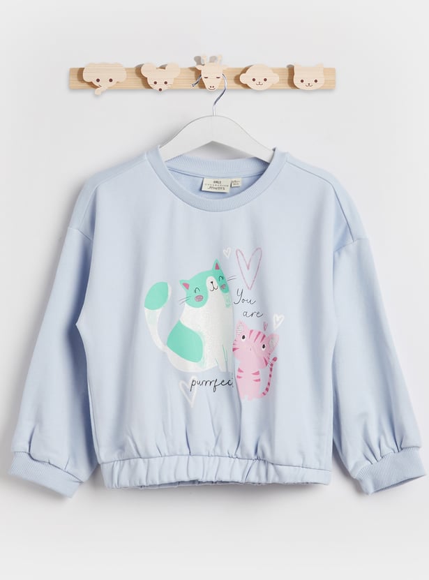 Juniors Cat Print Sweatshirt with Long Sleeves