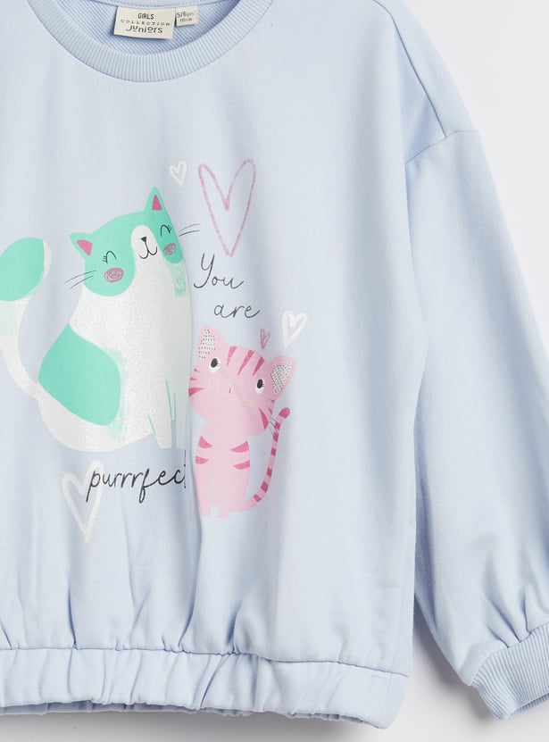 Juniors Cat Print Sweatshirt with Long Sleeves