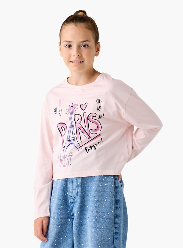 Juniors Graphic Print Round Neck T-shirt with Long Sleeves