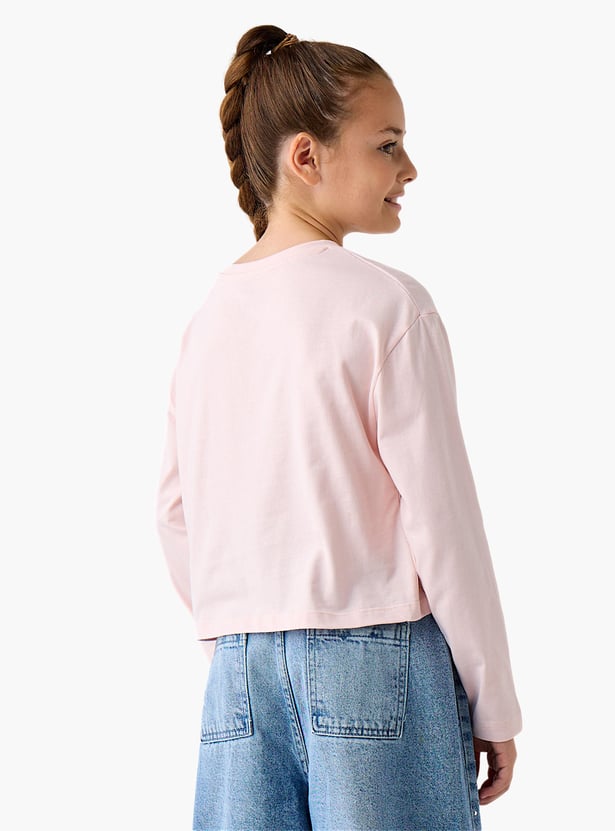 Juniors Graphic Print Round Neck T-shirt with Long Sleeves