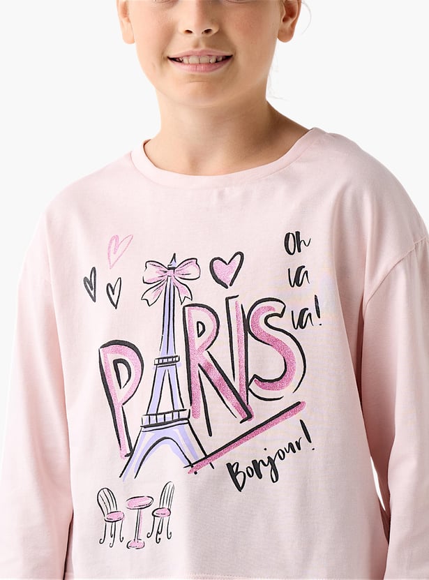 Juniors Graphic Print Round Neck T-shirt with Long Sleeves