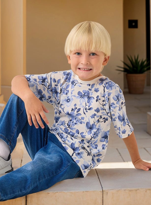Juniors Floral Print Crew Neck T-shirt with Short Sleeves