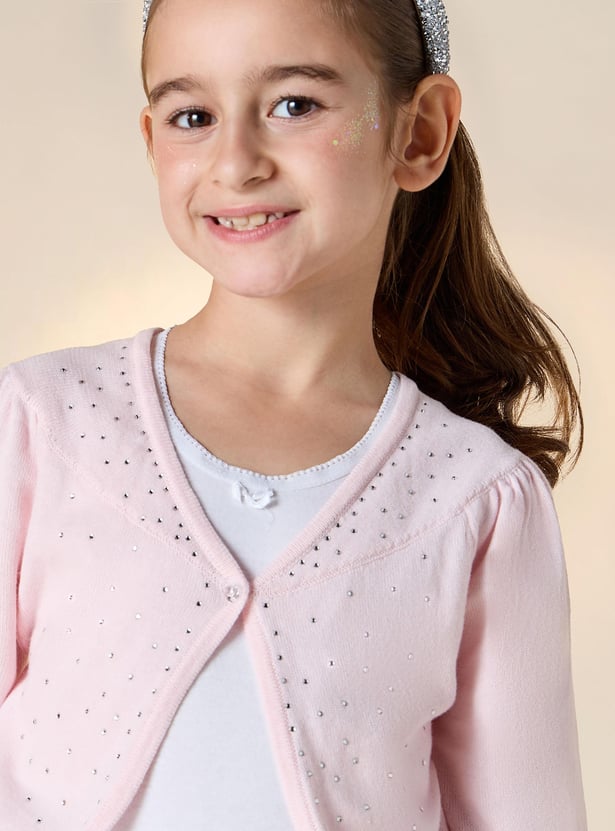 Juniors Embellished Cardigan with Button Closure