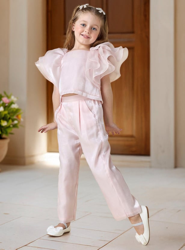 Juniors Solid Ruffle Sleeve Top and Elasticated Pants Set