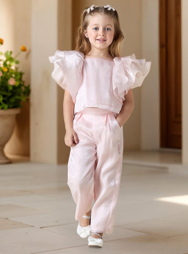 Juniors Solid Ruffle Sleeve Top and Elasticated Pants Set