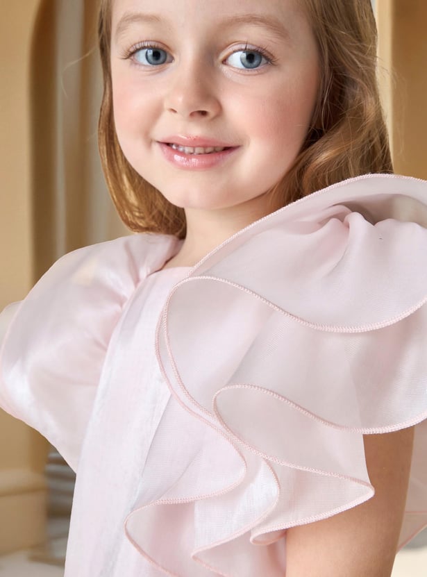 Juniors Solid Ruffle Sleeve Top and Elasticated Pants Set