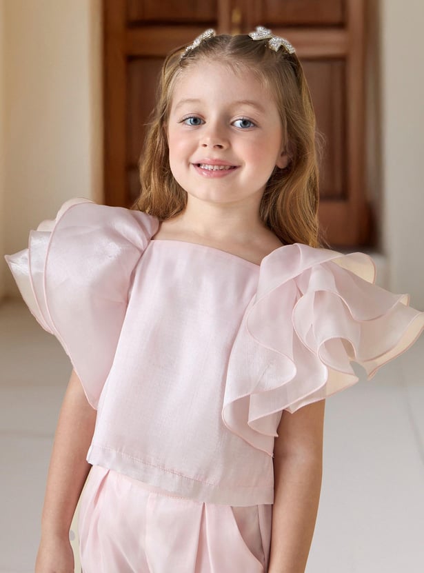 Juniors Solid Ruffle Sleeve Top and Elasticated Pants Set
