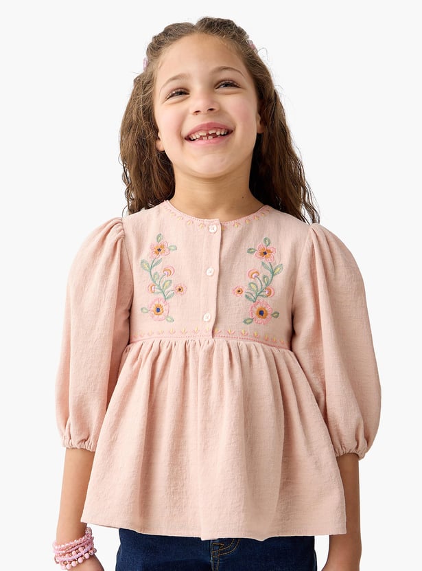 Juniors Embroidered Round Neck Empire Top