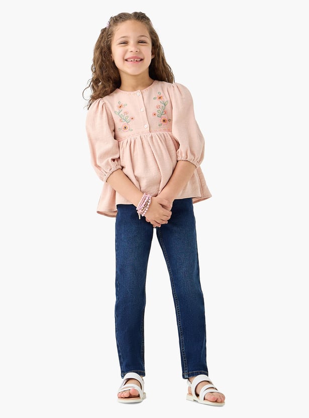 Juniors Embroidered Round Neck Empire Top
