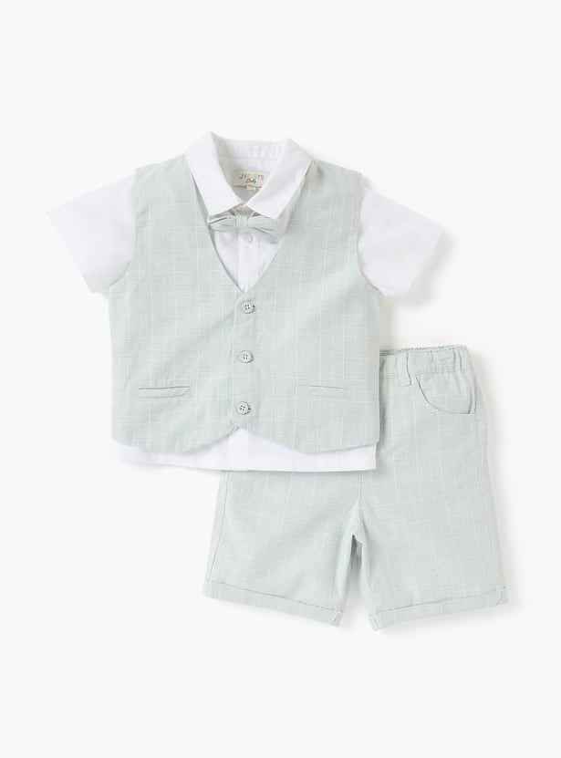 Juniors Solid Shirt with Waistcoat, Bow, and Shorts Set