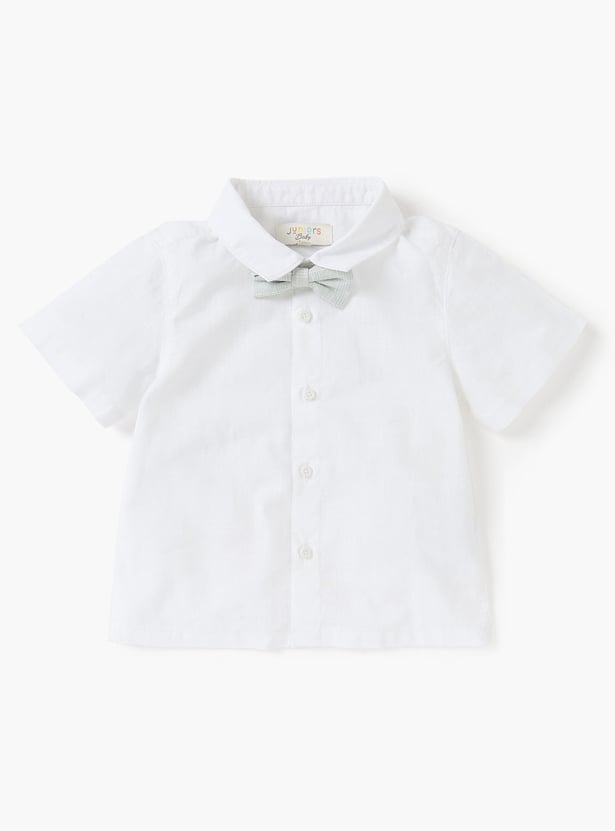 Juniors Solid Shirt with Waistcoat, Bow, and Shorts Set