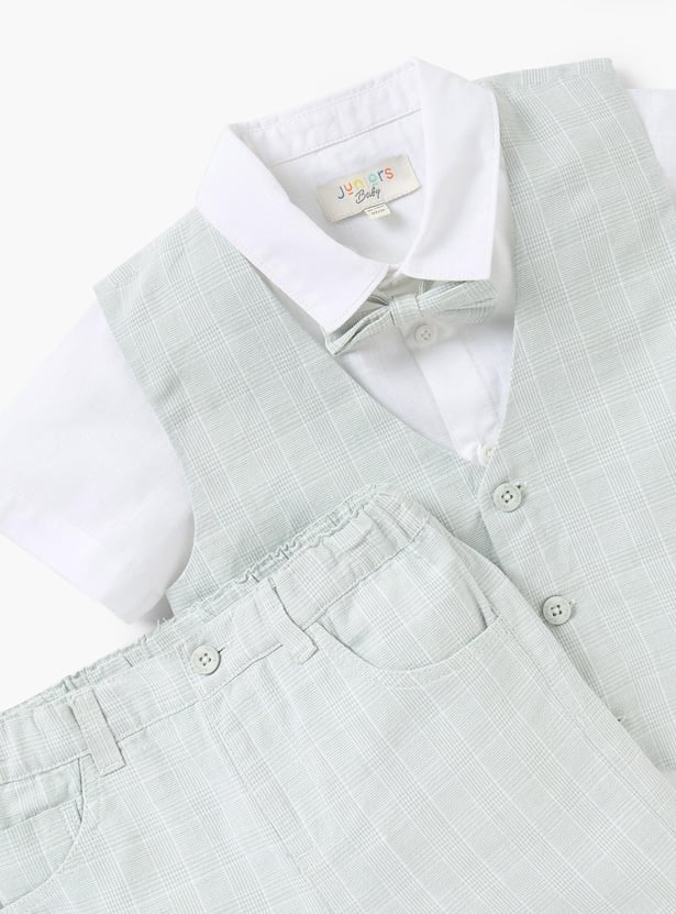Juniors Solid Shirt with Waistcoat, Bow, and Shorts Set