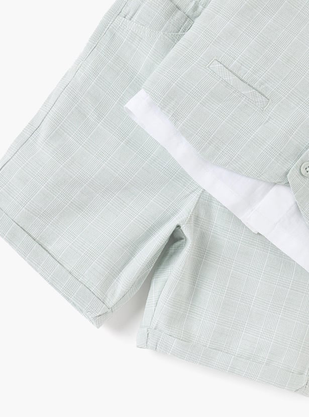 Juniors Solid Shirt with Waistcoat, Bow, and Shorts Set