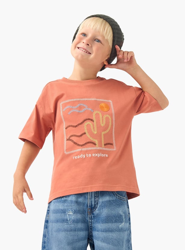 Juniors Embroidered T-shirt with Crew Neck and Short Sleeves