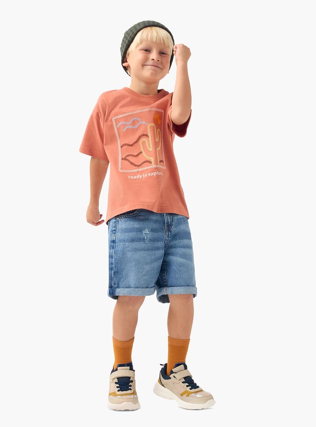 Juniors Embroidered T-shirt with Crew Neck and Short Sleeves