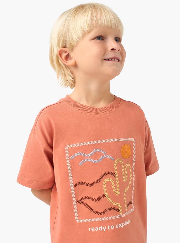 Juniors Embroidered T-shirt with Crew Neck and Short Sleeves