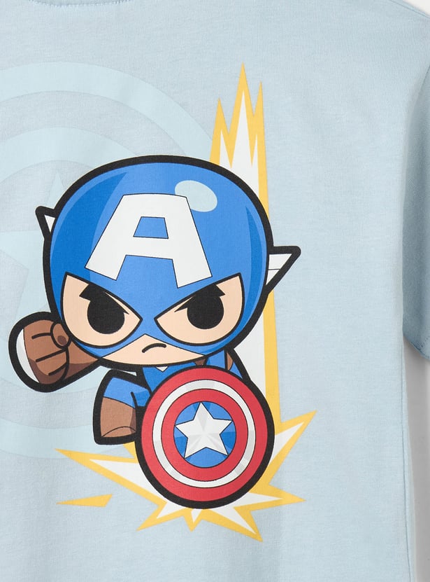 Juniors Captain America Print Crew Neck T-shirt with Short Sleeves