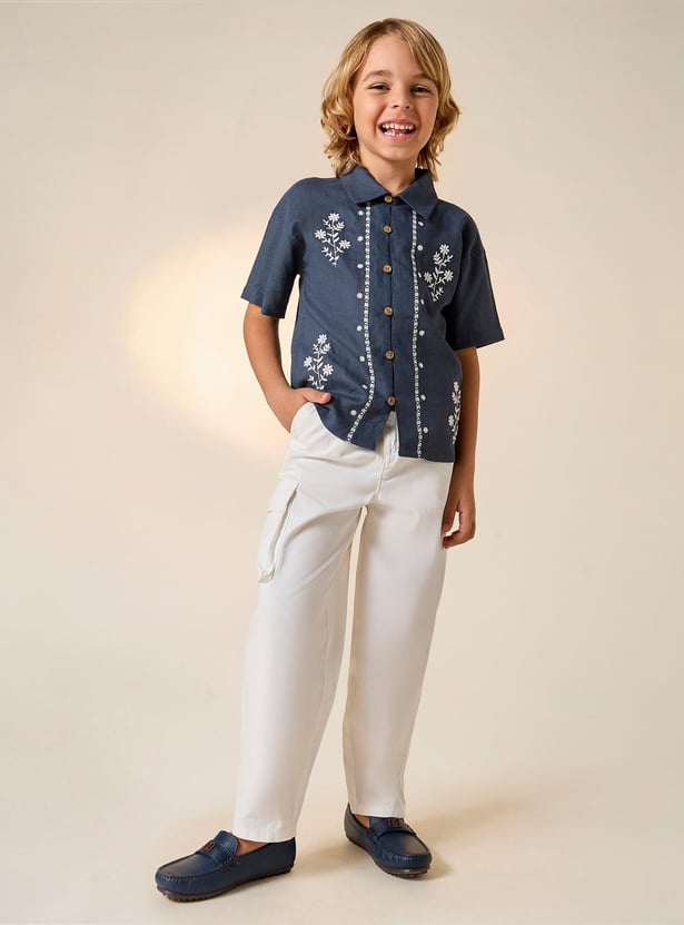 Juniors Floral Embroidered Shirt with Short Sleeves