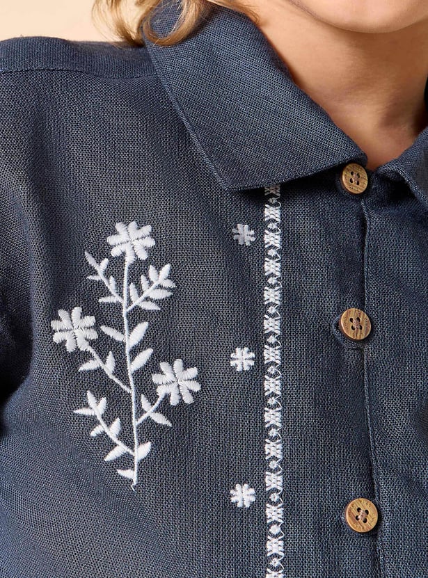 Juniors Floral Embroidered Shirt with Short Sleeves