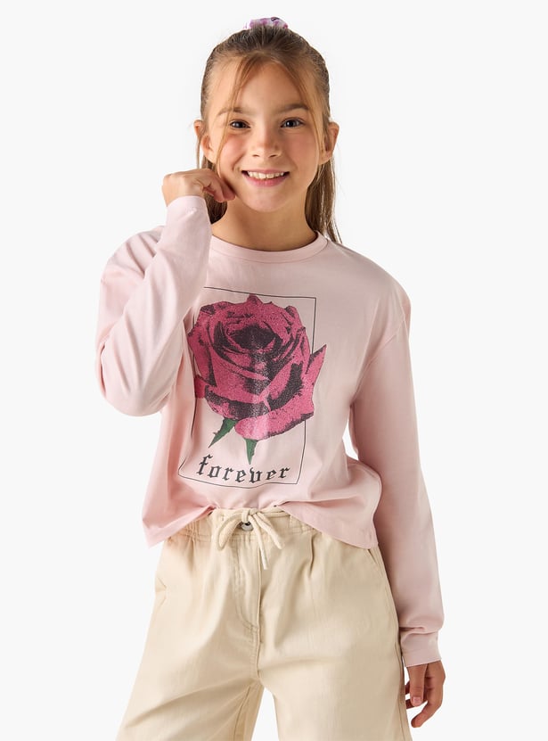 Juniors Rose Print Round Neck T-shirt with Long Sleeves
