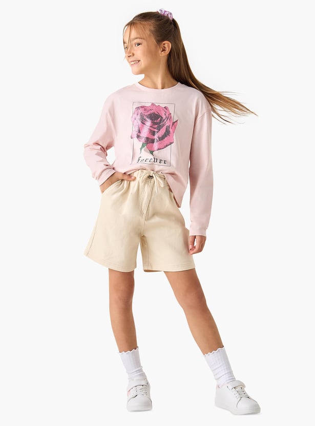Juniors Rose Print Round Neck T-shirt with Long Sleeves