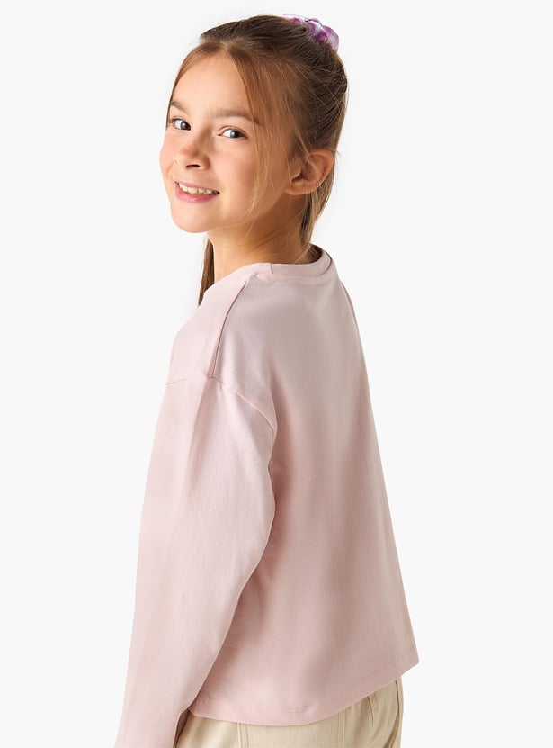 Juniors Rose Print Round Neck T-shirt with Long Sleeves