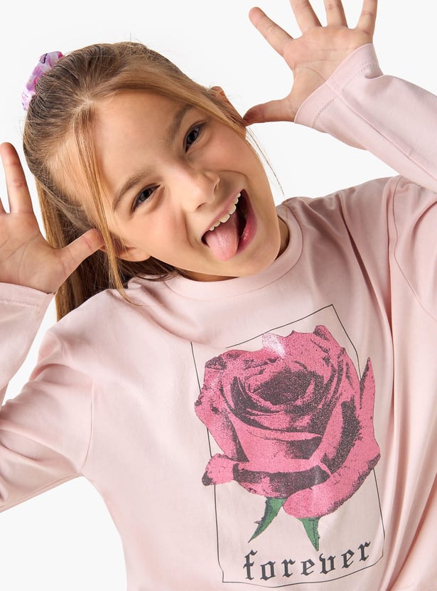 Juniors Rose Print Round Neck T-shirt with Long Sleeves