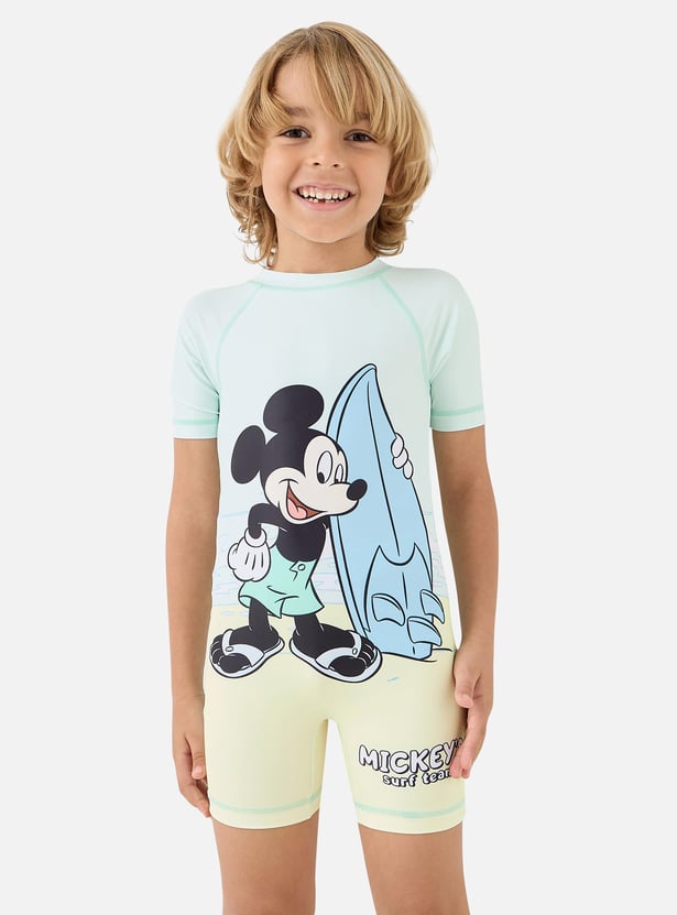 Juniors Mickey Mouse Print Swimsuit with Raglan Sleeves