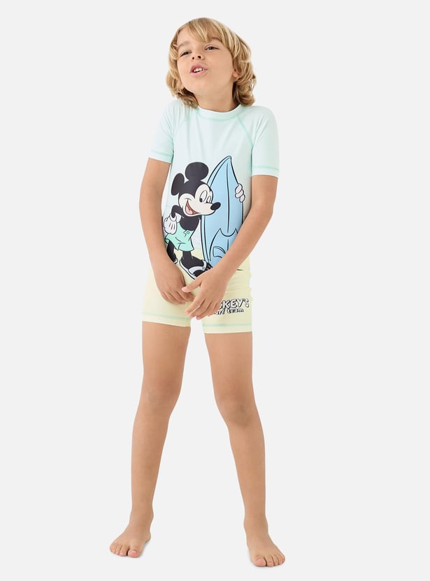 Juniors Mickey Mouse Print Swimsuit with Raglan Sleeves